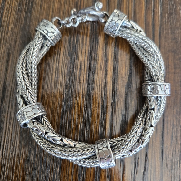 925 STERLING SILVER TWISTED HERRINGBONE MIXED CHAIN LINK BRACELET TOGGLE CLOSURE
